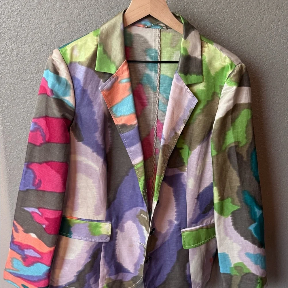 ETRO Statement Blazer Abstract Watercolor Art Print Made in Italy Linen Blend 50 - Picture 2 of 8